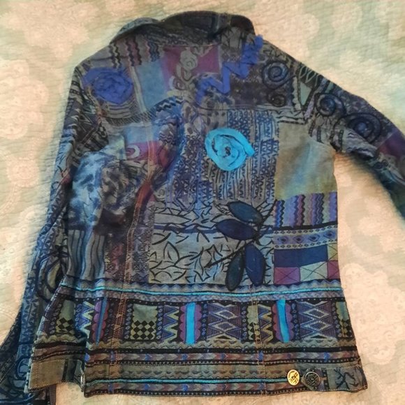 Chico's artsy jean denim jacket mixed media size 1 (s 8/10) - Picture 2 of 7